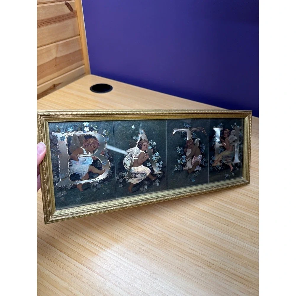 Vintage Framed‎ BATH Cherub Angel Bathroom Wall Art Gold Frame 17.5x7